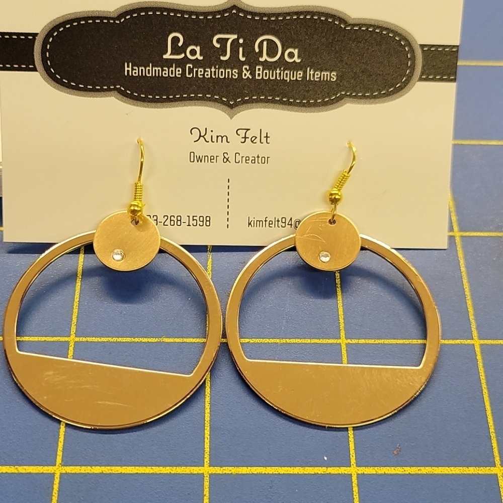 Retro 2-Layer Gold Tone Circle with Faux Diamond Stone 1.5" Earrings